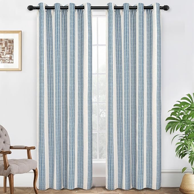 DriftAway Farmhouse Vertical Striped Linen Blend Textured Light Filtering Semi Sheer Curtains for Living Room Bedroom 120 Inches Long Drapes 2 Panels Broad Striped Jean Navy