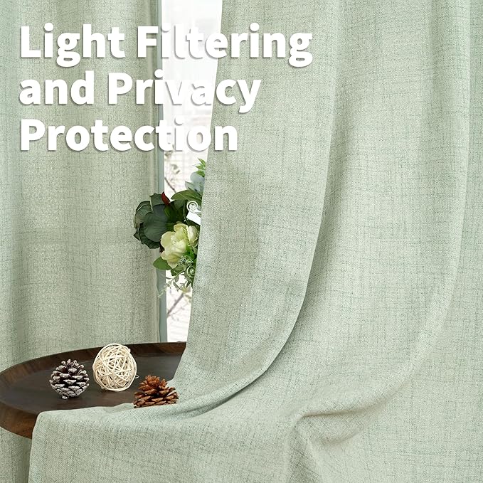 YoungsTex Sage Green Kitchen Window Curtains, Short Linen Drapes with Bronze Grommet Light Filtering Semi Sheer for Bathroom Cafe Windows, 42 x 40 Inch, 2 Panels