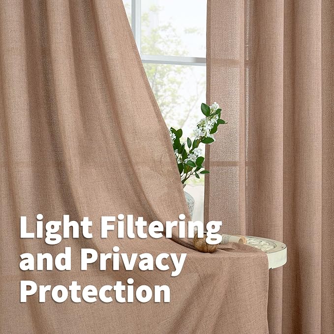 YoungsTex 63 Inch Length Mocha Brown Linen Curtains for Living Room Window, Light Filtering Drapes with Grommet Semi Sheer Rustic for Bedroom, 2 Panels, 52 X 63 Inch