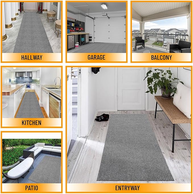 Ottomanson 3'11" x 33' Hallway Runner with Scraper Pile - Extra Durable Non-Slip Rug Mat for Indoor & Outdoor Use - Ideal for Kitchen, Entryway & Garage - High-Traffic Carpet, Gray