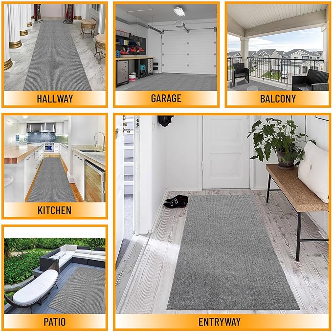Ottomanson 2'7" x 50' Hallway Runner with Scraper Pile - Extra Durable Non-Slip Rug Mat for Indoor & Outdoor Use - Ideal for Kitchen, Entryway & Garage - High-Traffic Carpet, Gray