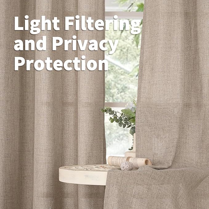 YoungsTex Oatmeal Linen Kitchen Curtains 36 Inches Long with Grommet, Short Semi Sheer Drapes Light Filtering Natural for Cafe Bathroom Window, 42 x 36 Inch, 2 Panels