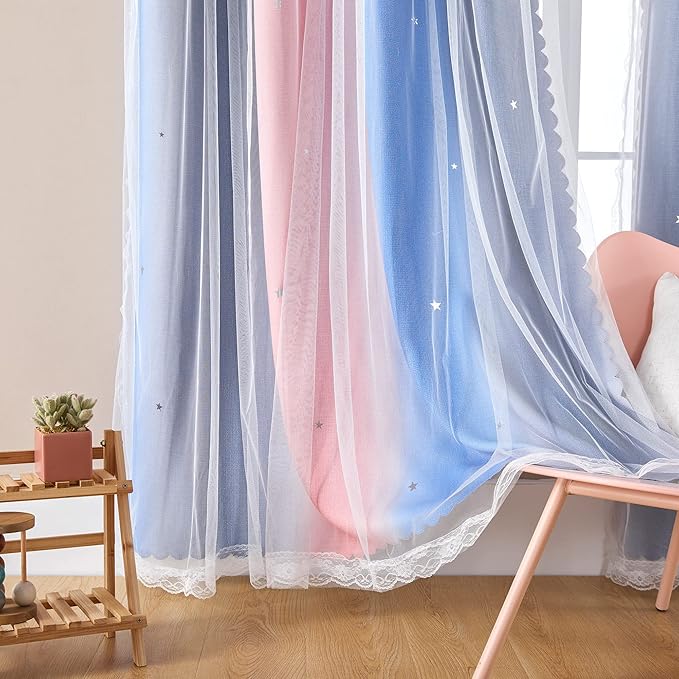 XiDi Curtains for Bedroom Decor, Rainbow PinkGreyBlue-52-90