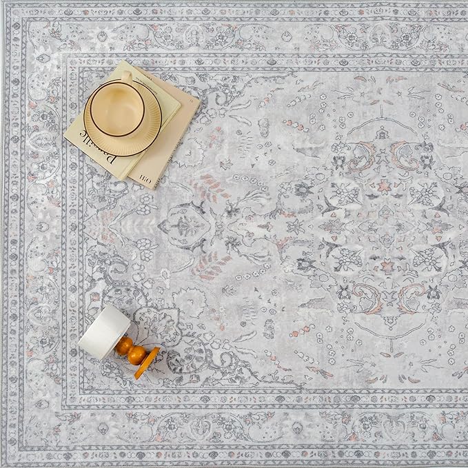 Grey 2x8 Runner Rug Washable Vintage Long Carpet for Hallway Kitchen Soft Retro Floral Low Pile Indoor Runner Non Slip Central Medallion Throw Rug for Bathroom Bedroom Laundry Dining Room