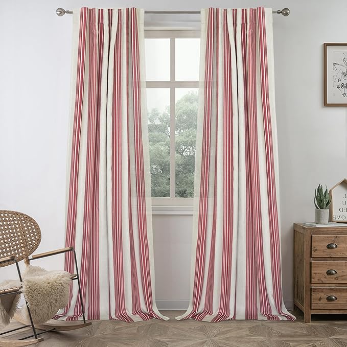 DriftAway Farmhouse Vertical Striped Linen Blend Textured Light Filtering Semi Sheer Curtains for Living Room Bedroom 108 Inches Long Drapes 2 Panels Broad Striped Linen Red