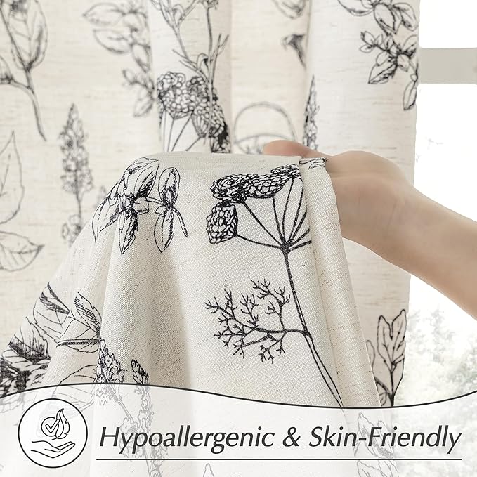 FMFUNCTEX Linen Curtains Floral Patterned Curtain for Bedroom Living Room, Black Curtains 84 Inches Long Farmhouse, Light Filtering Beige Window Curtain Grommet Top 2 Panels Set