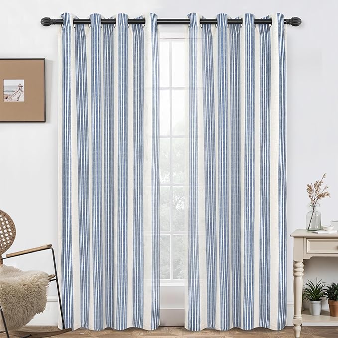 DriftAway Farmhouse Vertical Striped Linen Blend Textured Light Filtering Semi Sheer Curtains for Living Room Bedroom 84 Inches Long Drapes 2 Panels Broad Striped Jean Navy