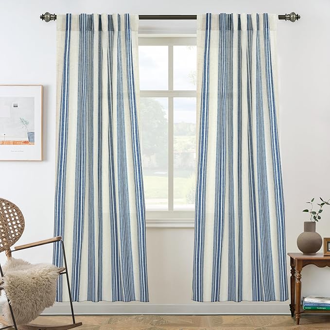 DriftAway Farmhouse Vertical Striped Linen Blend Textured Light Filtering Semi Sheer Curtains for Living Room Bedroom 72 Inches Long Drapes 2 Panels Broad Striped Linen Jean Navy