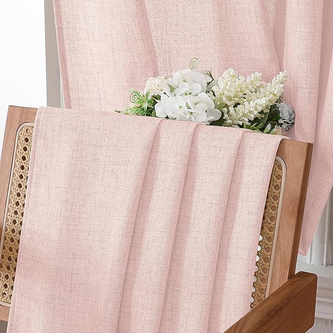 Tollpiz Linen Tier Curtains Rod Pocket Semi Sheer Short Kitchen Curtain Half Burlap Light Filtering Thick Linen Drape for Bathroom, 30 x 30 inches Long, Pink, Set of 2 Panels