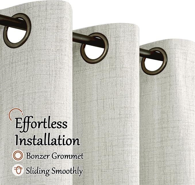 100% Blackout Curtains for Bedroom 63 Inch Length 2 Panels, Thermal Insulated Complete Light Blocking Noise Reducing Linen Window Curtains for Nursery, Bronze Grommet, Each 52" Wide, Light Grey