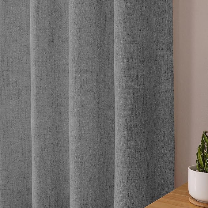 Tollpiz Short Linen Curtain Bedroom Rod Pocket Semi Sheer Curtains Burlap Light Filtering Thick Linen Drape for Living Room, 38 x 54 inches Long, Dark Grey, Set of 2 Panels