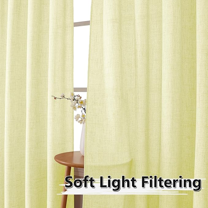 Tollpiz Short Linen Curtains Living Room Rod Pocket Semi Sheer Curtain Burlap Light Filtering Thick Linen Drapes for Bedroom, 54 x 54 inches Long, Cream Yellow, Set of 2 Panels