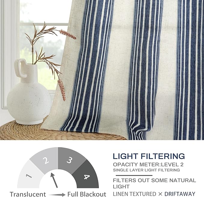 DriftAway Farmhouse Vertical Striped Linen Blend Textured Light Filtering Semi Sheer Curtains for Living Room Bedroom 102 Inches Long Drapes 2 Panels Broad Striped Linen Dark Blue