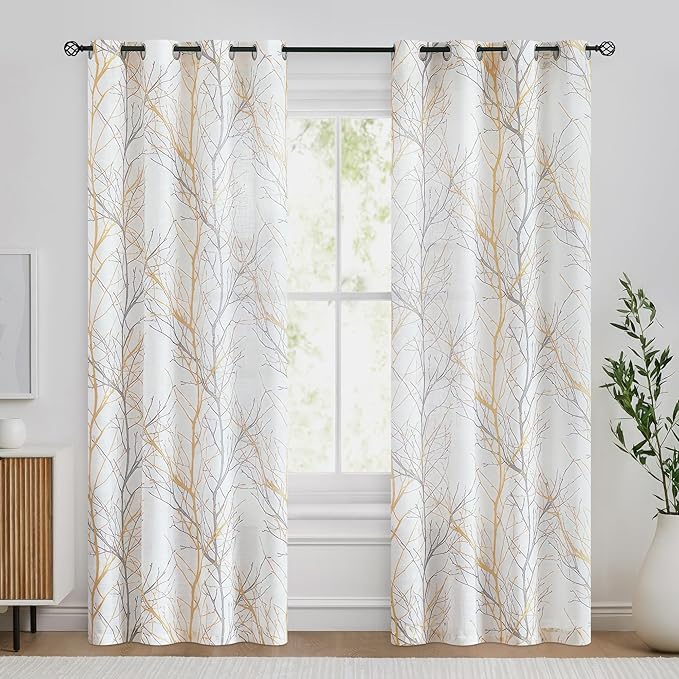 FMFUNCTEX Linen Semi Sheer Curtains for Bedroom, Yellow White Curtains 84 Inches Long for Living Room, Grey Tree Branch Print Curtain Light Filtering Farmhouse Window Drapes, Grommet Top 2 Panels