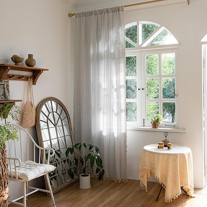 Sutuo Home Boho Curtains for Bedroom Dining Room Kitchen, Semi Blackout Linen Farmhouse Shabby Chic Tassels Window Treatment Bohemian Embroidery Drape, Rod Pocket 1 Panel 52" W x 63" L, Light Grey