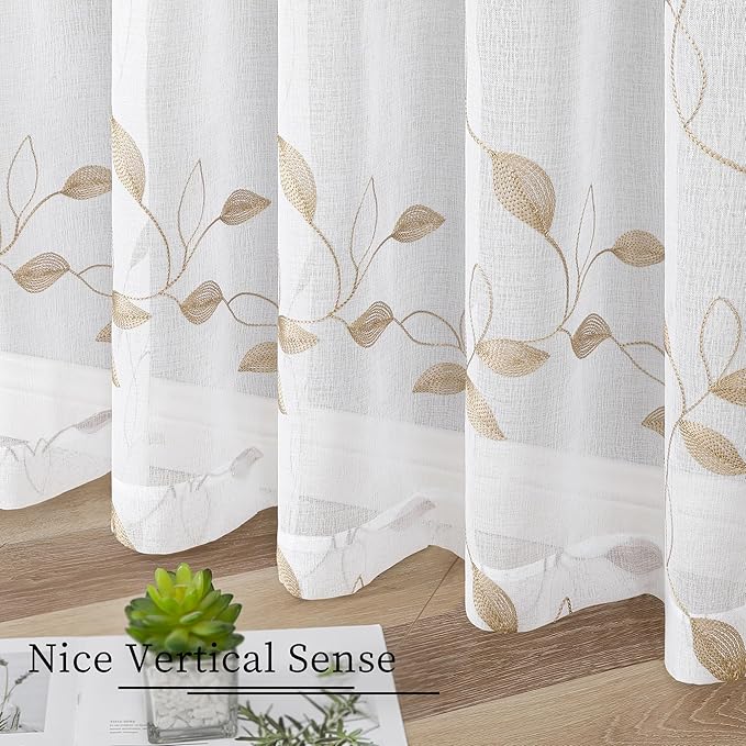 Tollpiz Taupe Leaf Sheer Curtains Leaves Embroidered Bedroom Short Curtain Rod Pocket Voile Window Treatment for Living Room, 38 x 54 inches Long, Set of 2 Panels