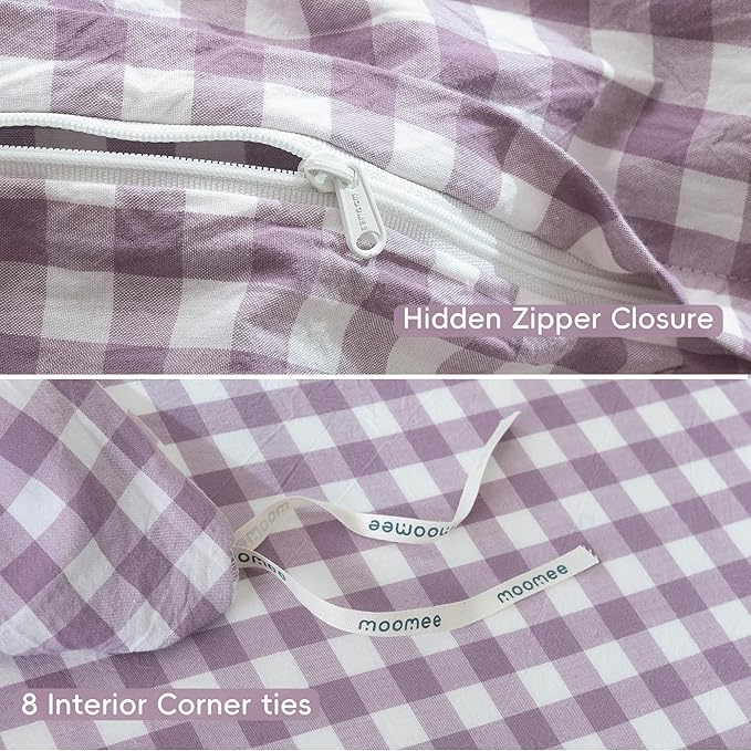MooMee Gingham Duvet Cover Set 100% Washed Cotton Linen Like Textured Breathable Durable Soft Comfy Modern Checkered Design (Classic Gingham Light Purple, Twin 68"x90")