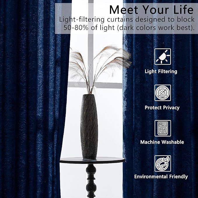 SMILETIME Navy Blue Crushed Velvet Curtains 52x84inch Rod Pocket Luxurious Thermal Insulated Soundproof Drapes Soft and Durable Light-Filtering Window Treatments for Living Room Bedroom, 2 Panels
