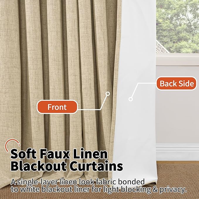 45 Inch Length Linen Blackout Curtains for Short Cafe Window, Thermal Insulated Light Blocking Soundproof Privacy Burlap Curtains 2 Panels, Each 38 Inch Wide Burlap