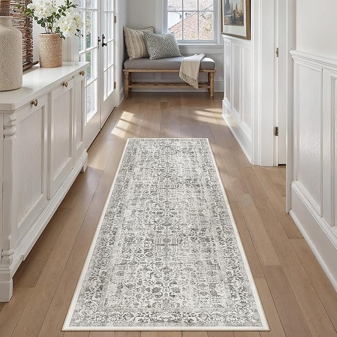 Black Runner Rug 2x6 Hallway Machine Washable Kitchen Vintage Distressed Non Slip Long Carpet Indoor Retro Floral Bedroom Accent Throw Rug for Bathroom Office Laundry Dining Room