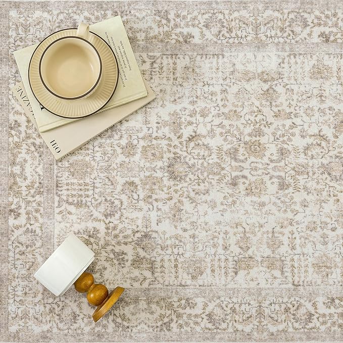 Light Brown Runner Rug 2'6"x10' Washable Carpet for Hallway Kitchen Vintage Distressed Non Slip Indoor Retro Floral Bedroom Accent Throw Long Rug Bathroom Office Laundry Dining Living Room