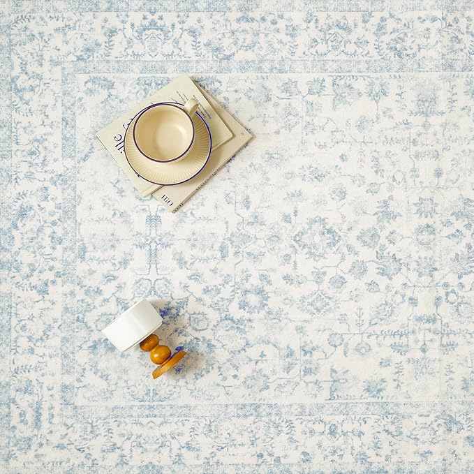 6ft Blue Round Area Rug Entryway Door Mat Circle 6x6 Kitchen Vintage Carpet Non Slip Indoor Bedroom Washable Distressed Floral Retro Accent Throw Rug Office Bathroom