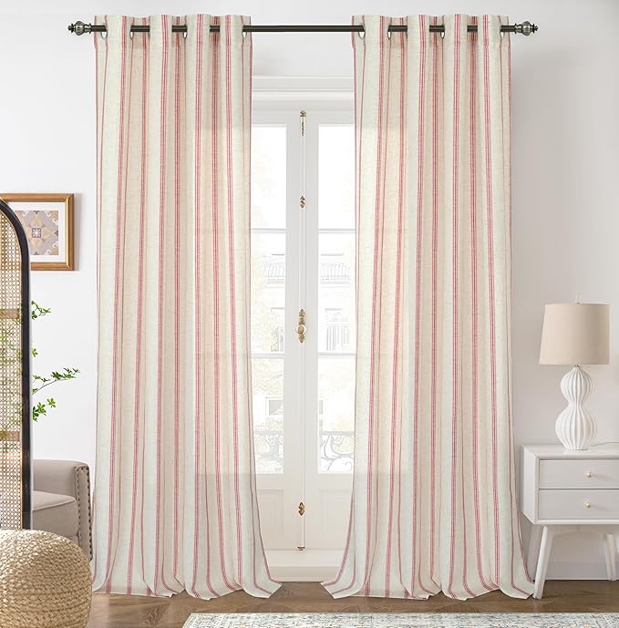 DriftAway Farmhouse Vertical Striped Linen Blend Textured Light Filtering Semi Sheer Curtains for Living Room Bedroom 96 Inches Long Drapes 2 Panels