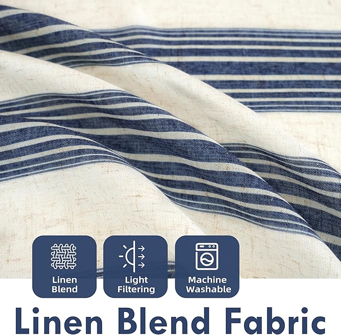 DriftAway Farmhouse Vertical Striped Linen Blend Textured Light Filtering Semi Sheer Curtains for Living Room Bedroom 54 Inches Long Drapes 2 Panels Broad Striped Linen Dark Blue