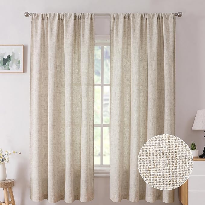 Tollpiz Linen Curtain Bedroom Rod Pocket Semi Sheer Curtains Burlap Light Filtering Thick Linen Drape for Living Room, 54 x 63 inches Long, Natural, Set of 2 Panels