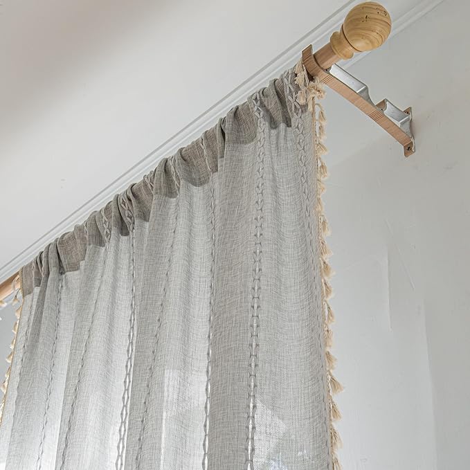 Sutuo Home Boho Curtains for Bedroom Living Room Kitchen, Semi Blackout Linen Farmhouse Shabby Chic Tassels Window Treatment Bohemian Embroidery Drape, Rod Pocket 1 Panel 52" W x 84" L, Light Grey
