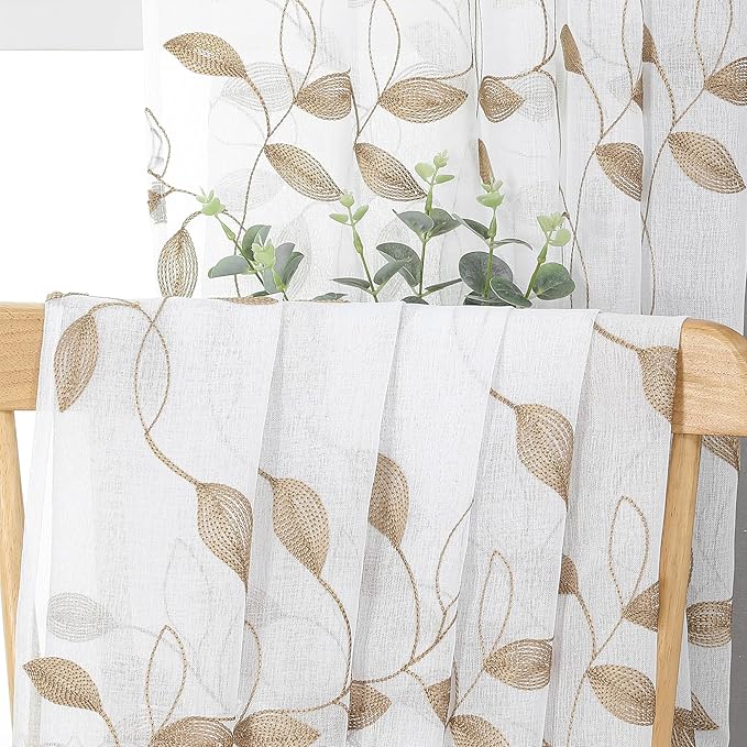 Tollpiz Taupe Leaf Sheer Tier Curtain Leaves Embroidered Kitchen Curtains Rod Pocket Voile Bathroom Window Treatment for Cafe, 30 x 36 inches Long, Set of 2 Panels