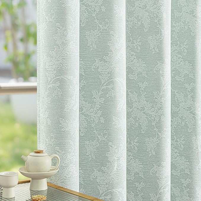 FMFUNCTEX Sage Green Floral Jacquard Blackout Curtains 63 Inch Length for Bedroom, Scroll Flower Chenille Farmhouse Curtain for Living Room Darkening Thermal Insulated Grommet Window Drapes 2 Panels