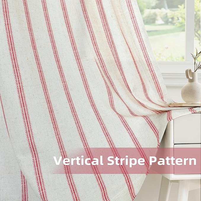 DriftAway Farmhouse Vertical Striped Linen Blend Textured Light Filtering Semi Sheer Curtains for Living Room Bedroom 96 Inches Long Drapes 2 Panels Linen Red