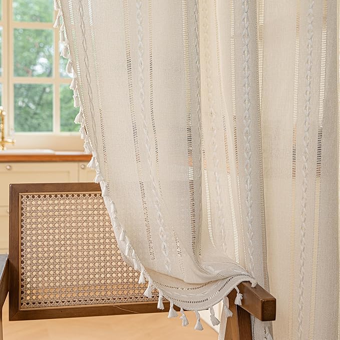 Sutuo Home Boho Door Curtains for Door Window, Bohemian Semi Blackout Curtains Tassels Privacy Vintage Chic Embroidery Long Stripes White Decor Window Treatments,Rod Pocket 1 Panel 37" W x 80" L,Ivory