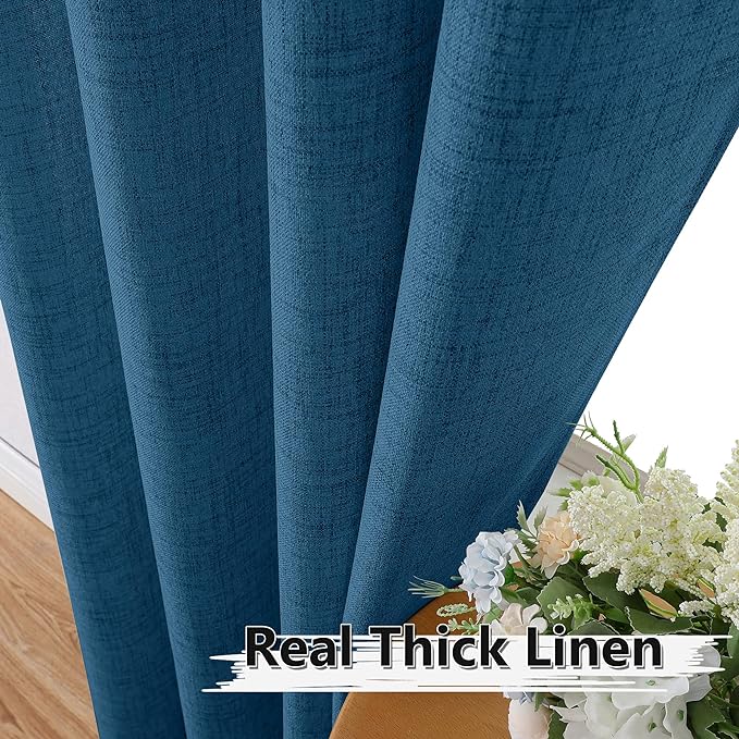 Tollpiz Short Linen Curtain Bedroom Rod Pocket Semi Sheer Curtains Burlap Light Filtering Thick Linen Drape for Living Room, 38 x 54 inches Long, Classic Blue, Set of 2 Panels