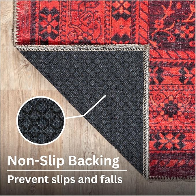 Bloom Rugs Washable Non-Slip 6' x 9' Rug - Red Traditional Bordered Area Rug for Living Room, Bedroom, Dining Room, and Kitchen - Exact Size: 6' x 9'