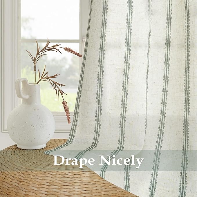 DriftAway Farmhouse Vertical Striped Linen Blend Textured Light Filtering Semi Sheer Curtains for Living Room Bedroom 63 Inches Long Drapes 2 Panels