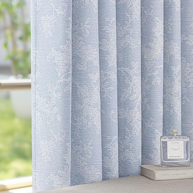 FMFUNCTEX Blue Floral Jacquard Blackout Curtains 72 Inches Long for Bedroom, Scroll Flower Chenille Farmhouse Curtains for Living Room Darkening Thermal Insulated Grommet Window Drapes 2 Panels