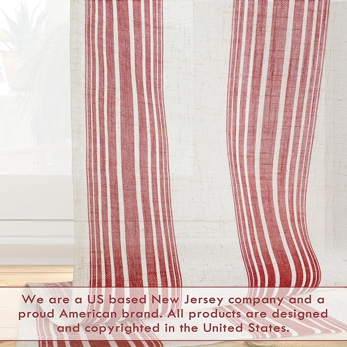 DriftAway Farmhouse Vertical Striped Linen Blend Textured Light Filtering Semi Sheer Curtains for Living Room Bedroom 54 Inches Long Drapes 2 Panels Broad Striped Red
