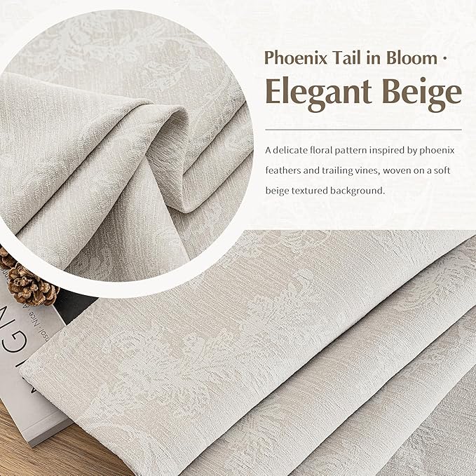 FMFUNCTEX Beige Floral Jacquard Blackout Curtains 63 Inch Length for Bedroom, Scroll Flower Chenille Farmhouse Curtains for Living Room Darkening Thermal Insulated Grommet Window Drapes 2 Panels