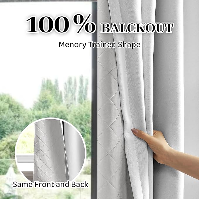 100% Blackout Thermal Insulated Curtains, 3 Layers Noise Absorbing, Soundproof Back Tab Drapes for Sliding Glass Door Baby Nursery Bedroom with Hooks, Grayish White 50x108 Inch Set of 1