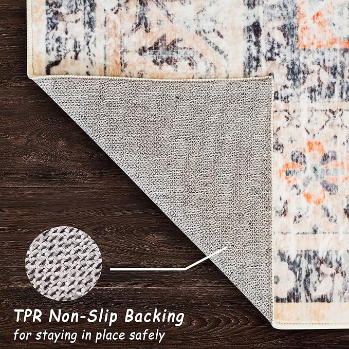 Runner Rug 2x10 Machine Washable Rug with Non-Slip Backing, Ideal for Kitchen Hallway Entryway Laundry Room - Vintage Floral, Durable, Easy Clean, Low Pile Carpet Runner Orange