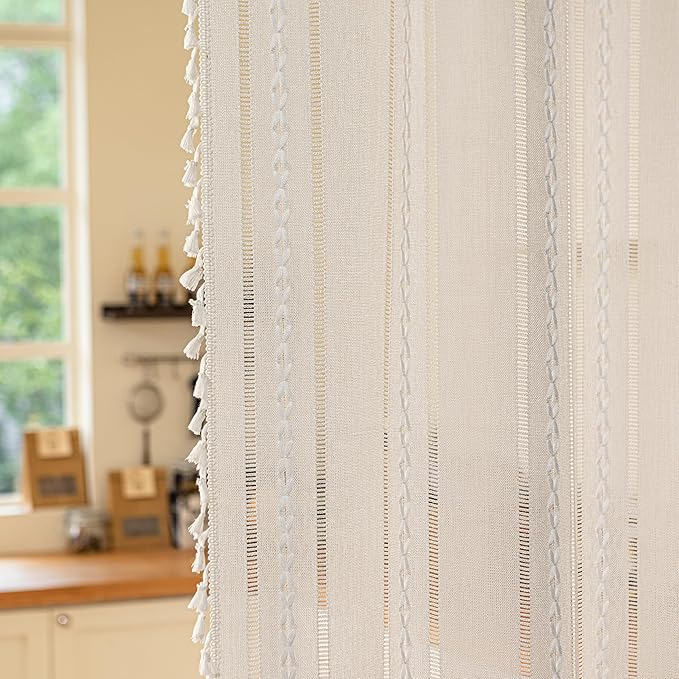 Sutuo Home Boho Door Curtains for Door Window, Bohemian Semi Blackout Curtains Tassels Privacy Vintage Chic Embroidery Long Stripes White Decor Window Treatments,Rod Pocket 1 Panel 37" W x 80" L,Ivory