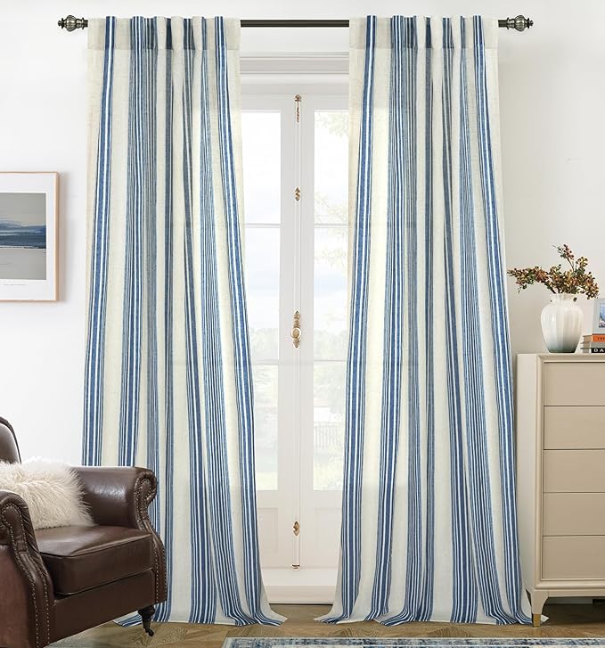 DriftAway Farmhouse Vertical Striped Linen Blend Textured Light Filtering Semi Sheer Curtains for Living Room Bedroom 108 Inches Long Drapes 2 Panels Broad Striped Linen Jean Navy