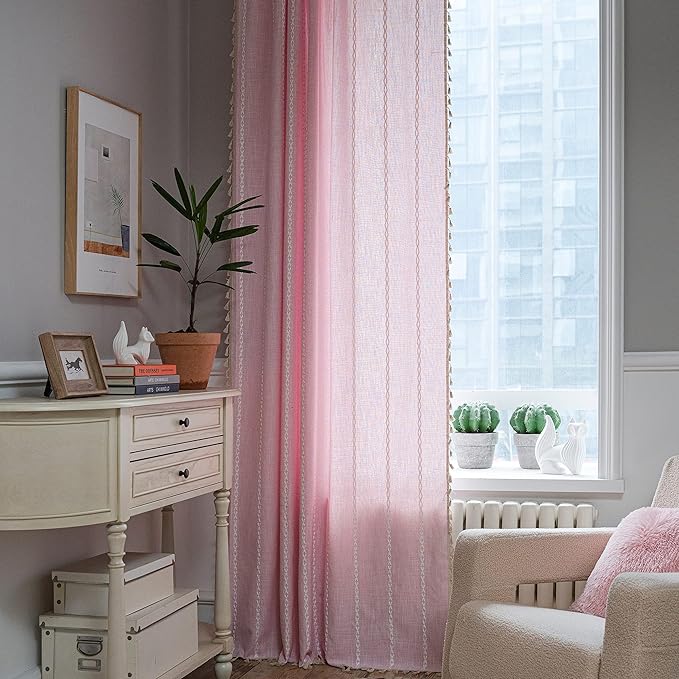 Sutuo Home Boho Curtain for Girl's Bedroom 108 Inches Long, Light Filtering Farmhouse Shabby Chic Tassels Window Treatment Bohemian Embroidery Drape, Rod Pocket 1 Panel 52" W x 108" L, Pink