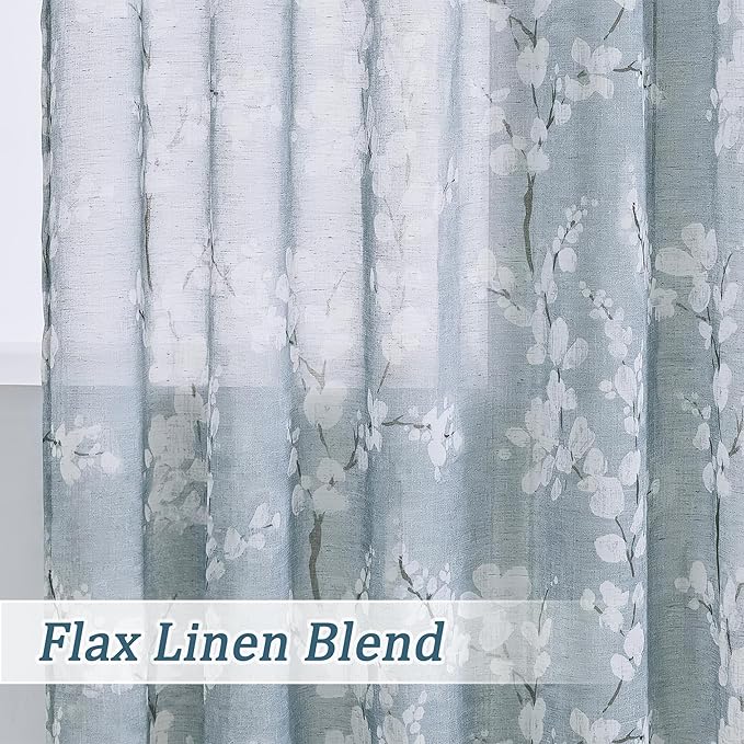 FMFUNCTEX Linen Sheer Curtains for Bedroom, Blue White Blossom Print Curtains 84 Inches Long for Living Room,Floral Patterned Farmhouse Curtain Light Filtering Window Drapes 2 Panels, Rod Pocket