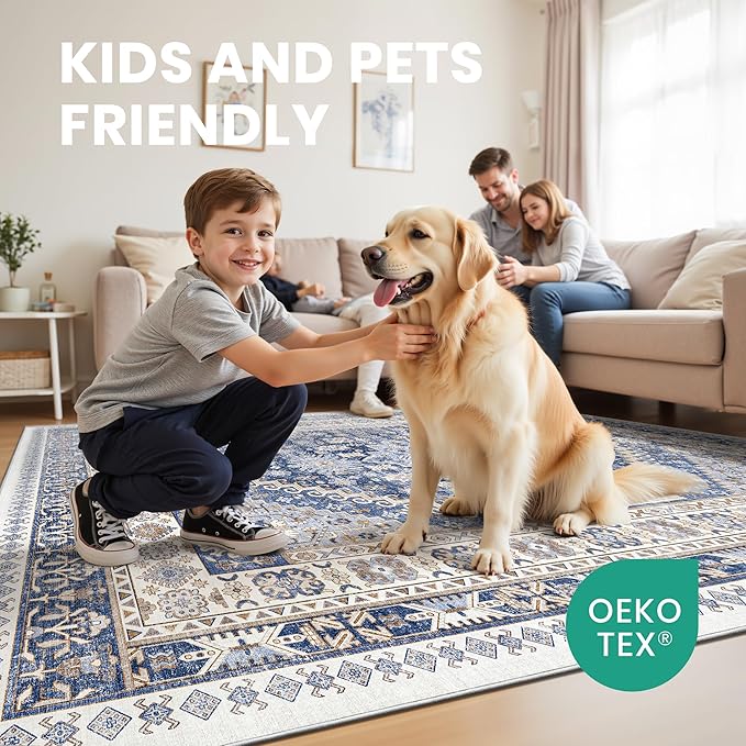 zesthome 4x6 Rug - Stain Resistant Washable Rug, Anti Slip Backing Rugs for Living Room, Foldable Vintage Small Area Rugs (Blue/Beige,4'x6')