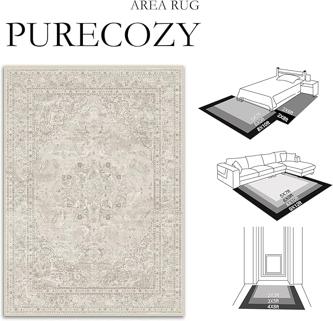 Beige 8x10 Area Rug Washable Vintage Carpet for Living Room Bedroom Large Soft Retro Floral Low Pile Thin Indoor Rug Non Slip Central Medallion Floor Cover for Dining Room Office