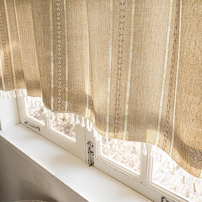 Sutuo Home Boho Curtains Valance Tier 36 inch for Cafe Kitchen Doorway Closet, Short Linen Farmhouse Chic Tassels Window Treatment Bohemian Embroidery Drape Rod Pocket 1 Panel 52" W x 36" L, Natural