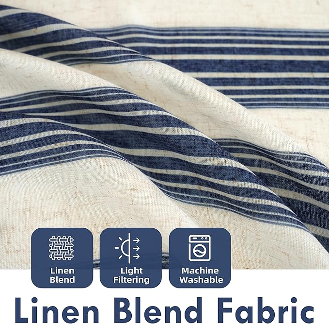 DriftAway Farmhouse Vertical Striped Linen Blend Textured Light Filtering Semi Sheer Curtains for Living Room Bedroom 96 Inches Long Drapes 2 Panels Broad Striped Linen Dark Blue